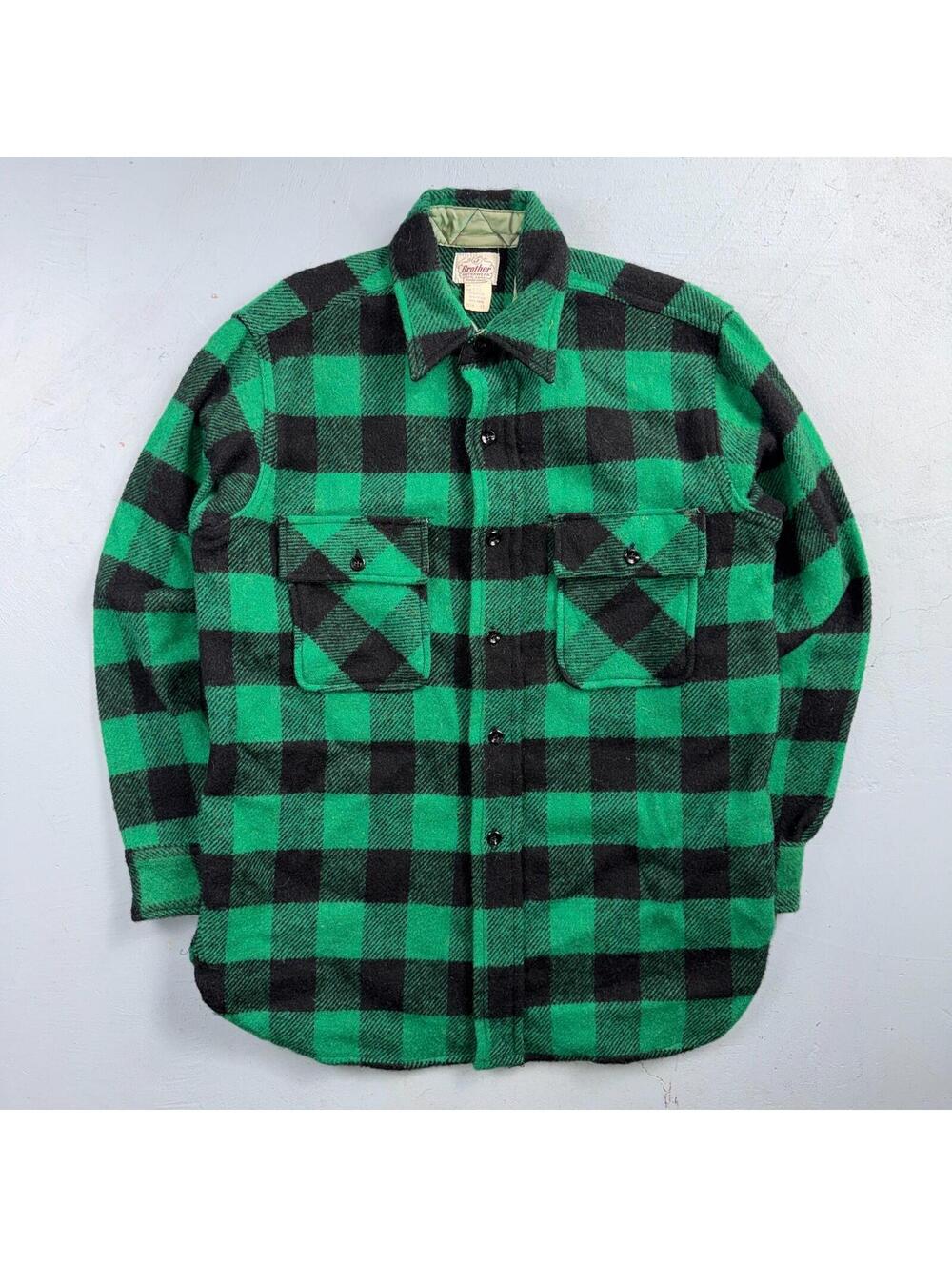 Vintage 1950s Five Brother Green Wool Buffalo Plaid Button Down Shirt Rockabilly
